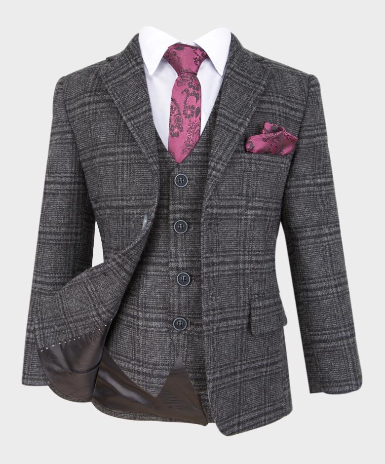 Boys Tailored Fit Tweed Check Suit - HURRICANE - Charcoal Grey