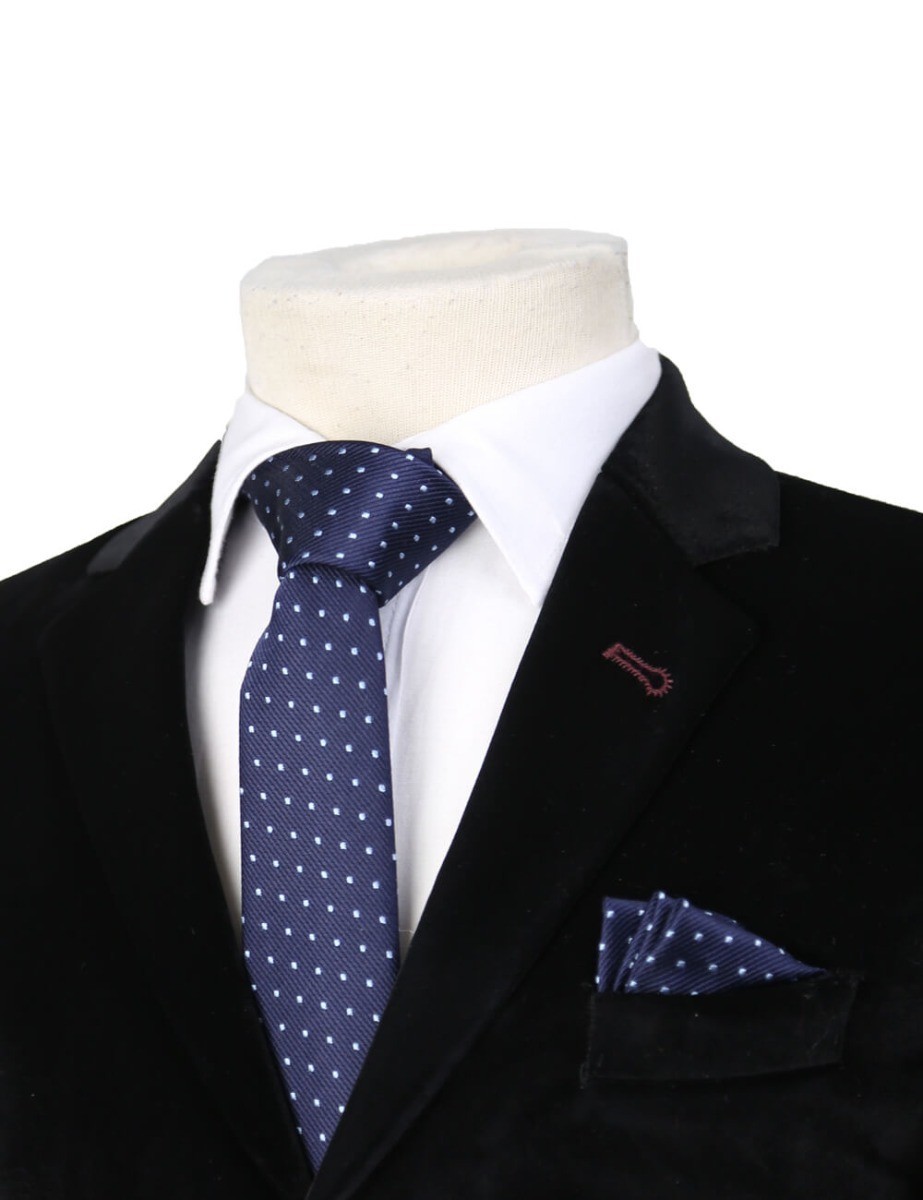 Boys Mixed Pattern Formal Tie & Hankie Set - Navy Spotty