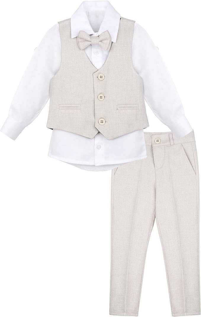 Jungen Slim Fit Texturiertes Weste Anzug Set, Festlicher Anzug - Beige