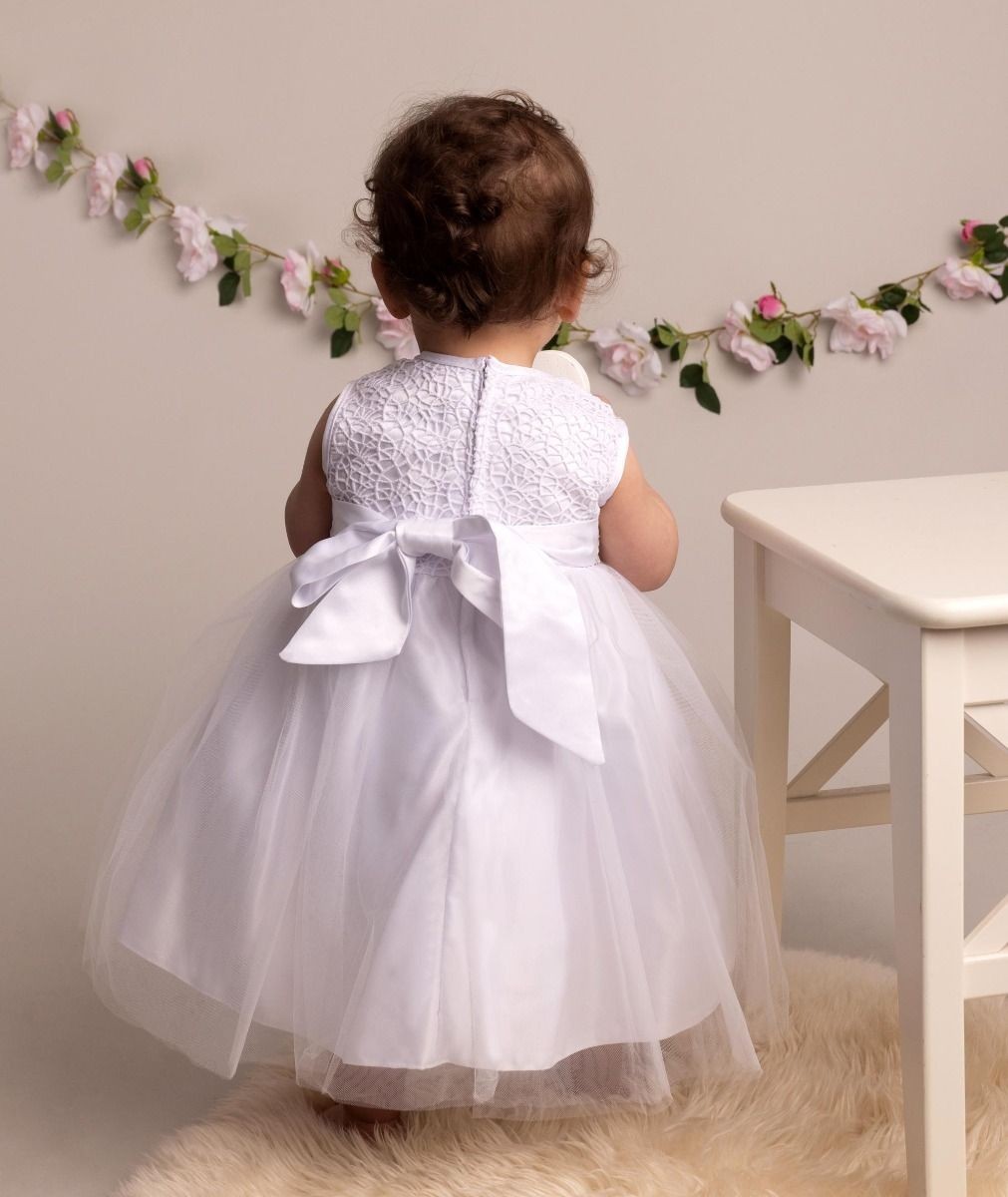 Baby-Mädchen-Taufkleid mit Spitze und Schleife - ROSE - Weiß