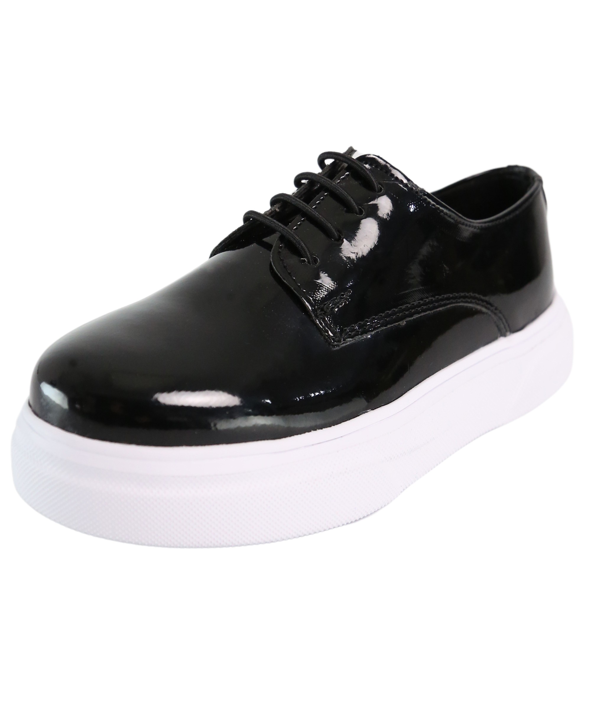 Boys Patent Black Lace-up Sneaker with White Thick Sole - Black