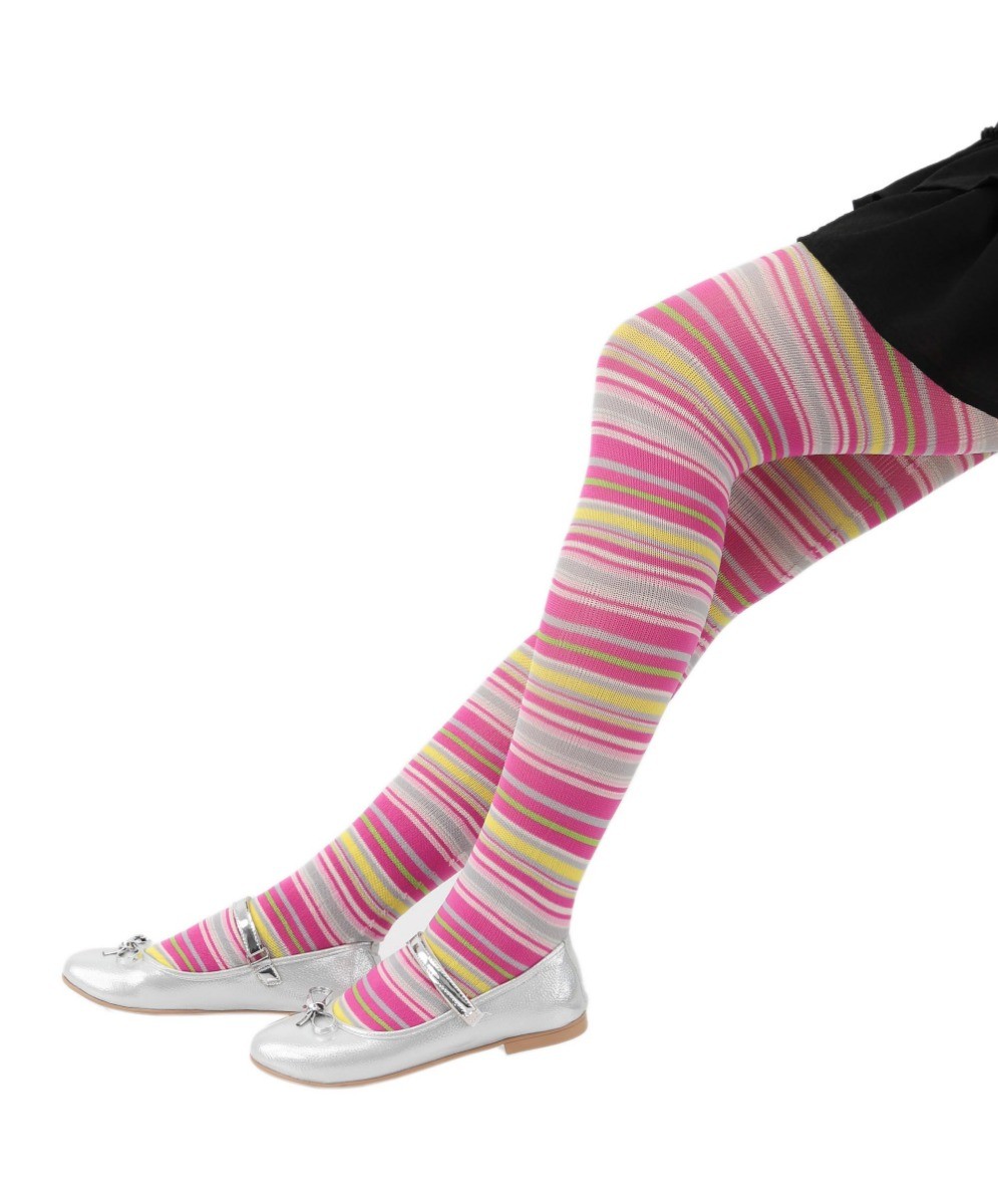Mädchen Gestreifte Bunte Strumpfhosen mit Fuß - Mehrfarbige - rosa Basis