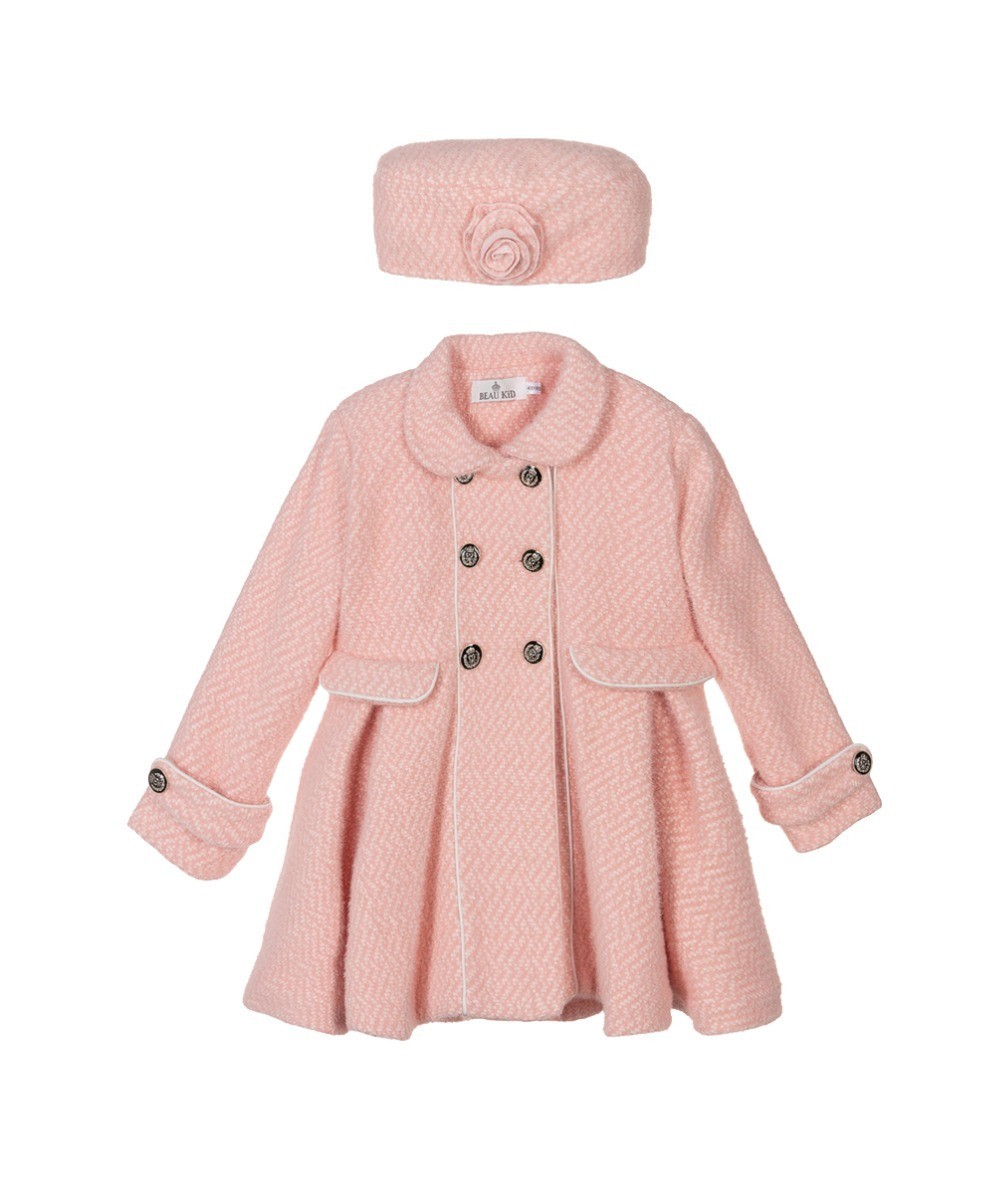 Girls Tweed Effect Double Breasted Midi Coat Set - Pink