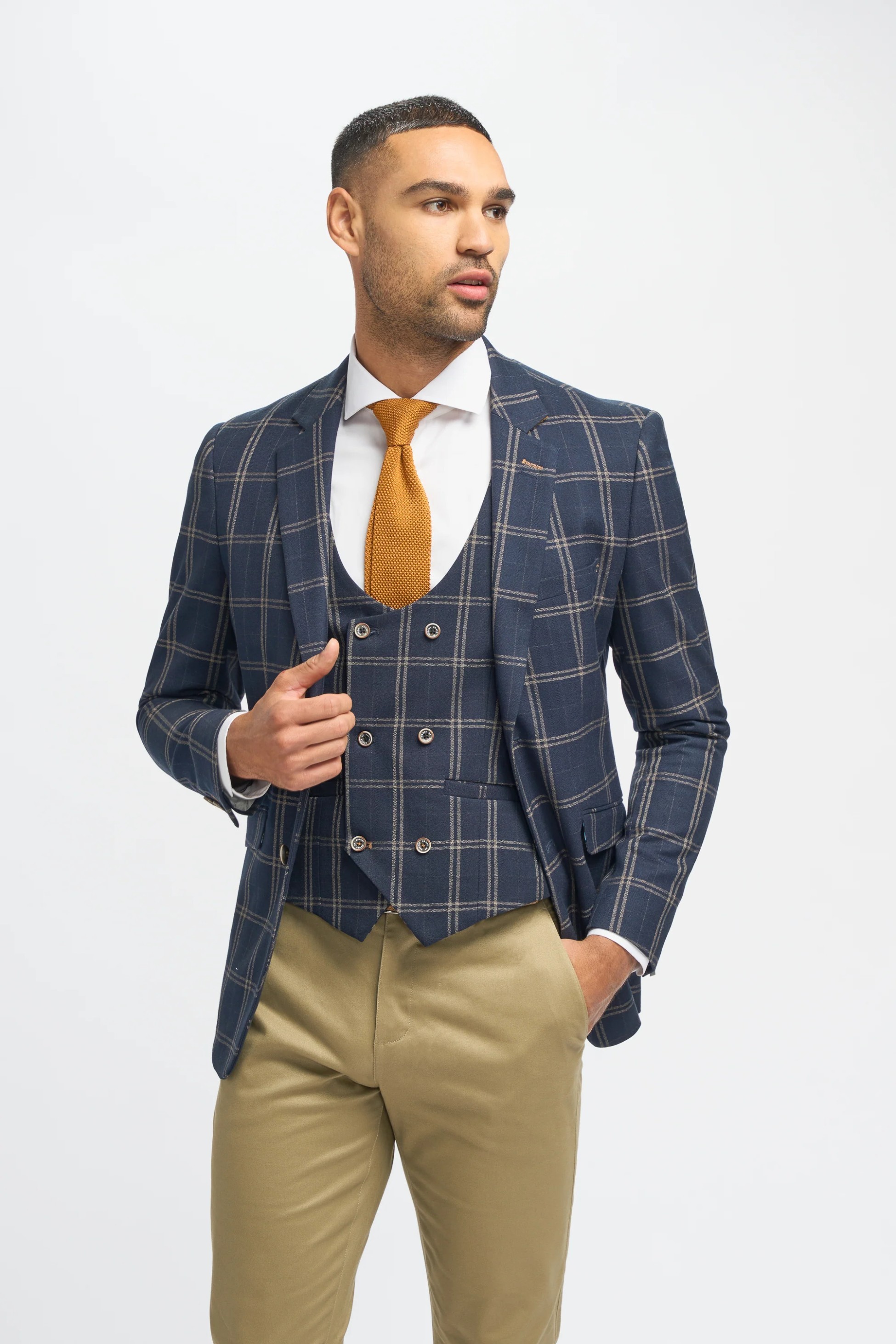 Men's Navy Blue Hardy Check Suit Jacket and Double-Breasted Waistcoat with Casual Stone Beige Cotton Chino Trousers