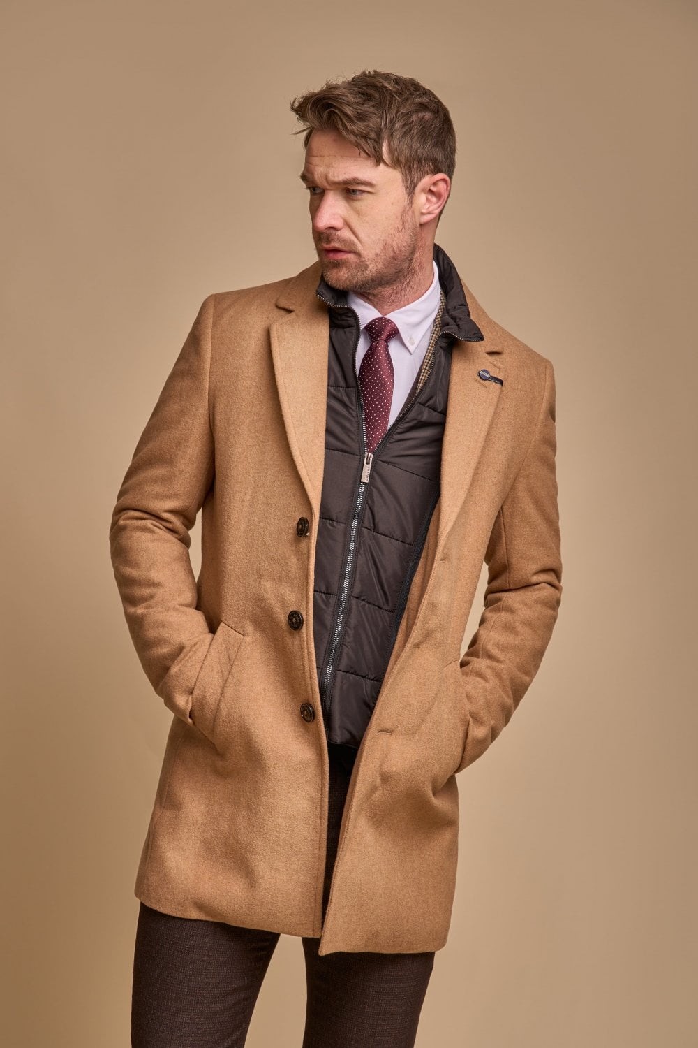 Slim-Fit-Mantel aus Wollmischung für Herren – vielseitige, mittellange Outdoor-Jacke - Brown Camel