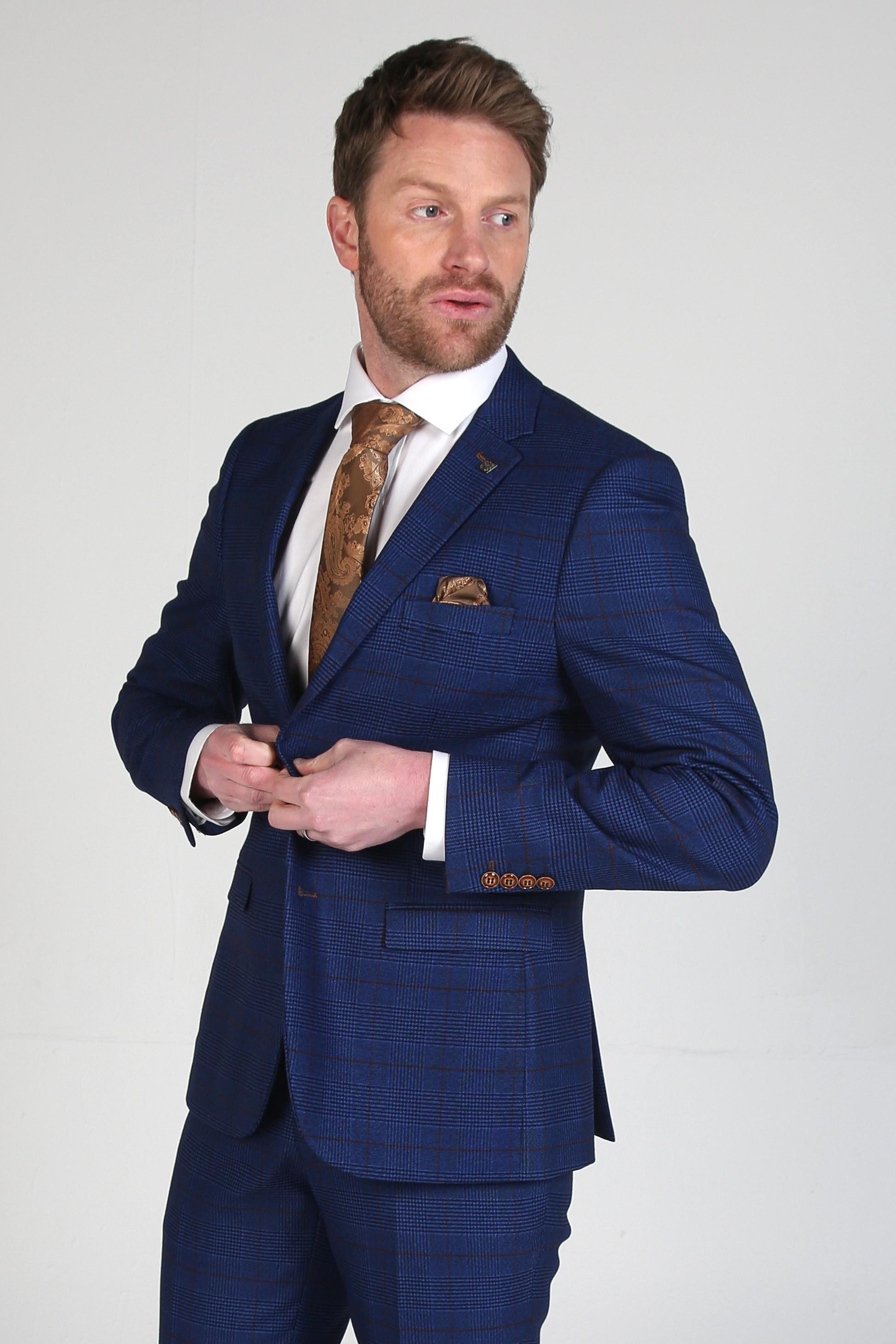 Men's Tweed Windowpane Navy Suit Jacket - ALEX