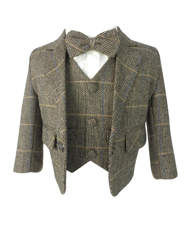 Baby Boys Herringbone Check Tweed Suit Set - Tan Brown