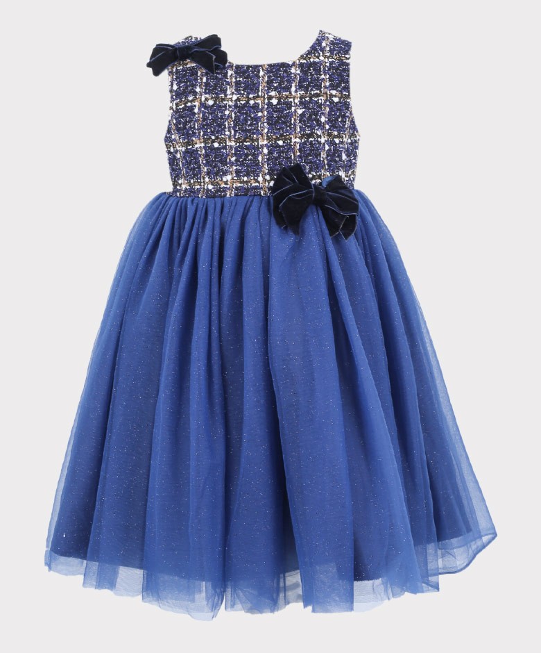 Girls Navy Blue Tweed Puffy Dress