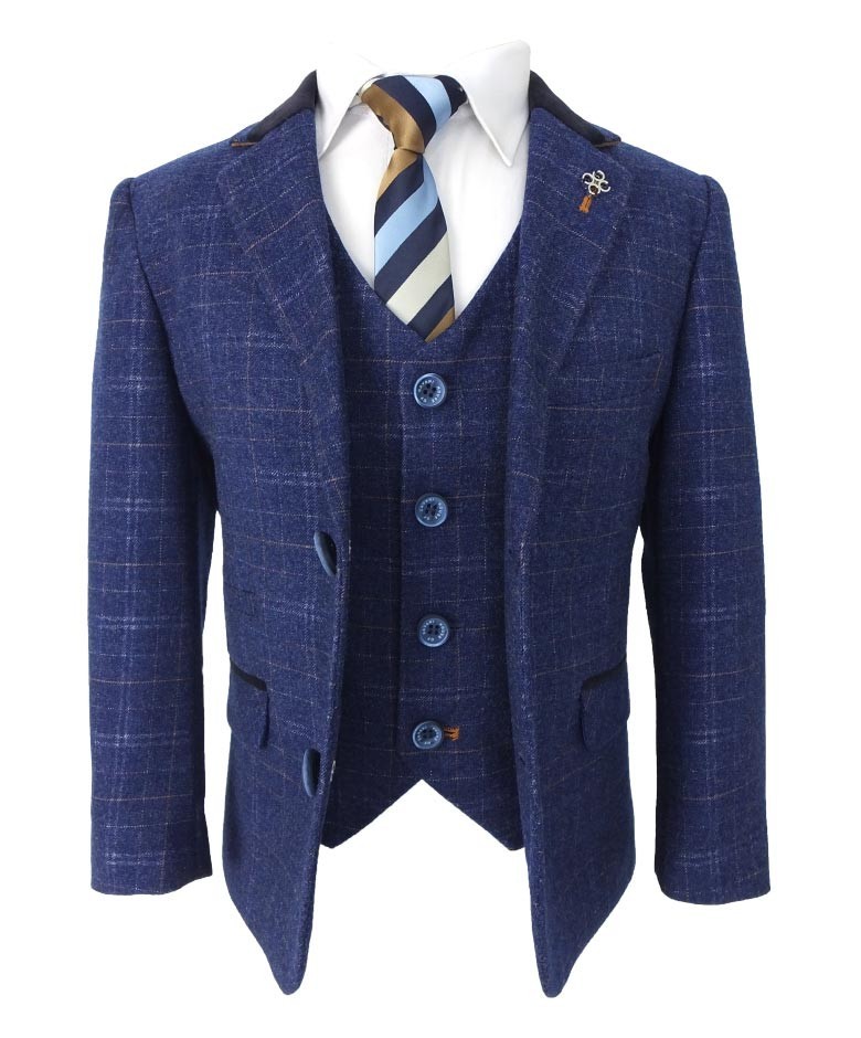 Jungen Tweed Karo Navy Slim Fit Anzug - KAISER - Navy blau