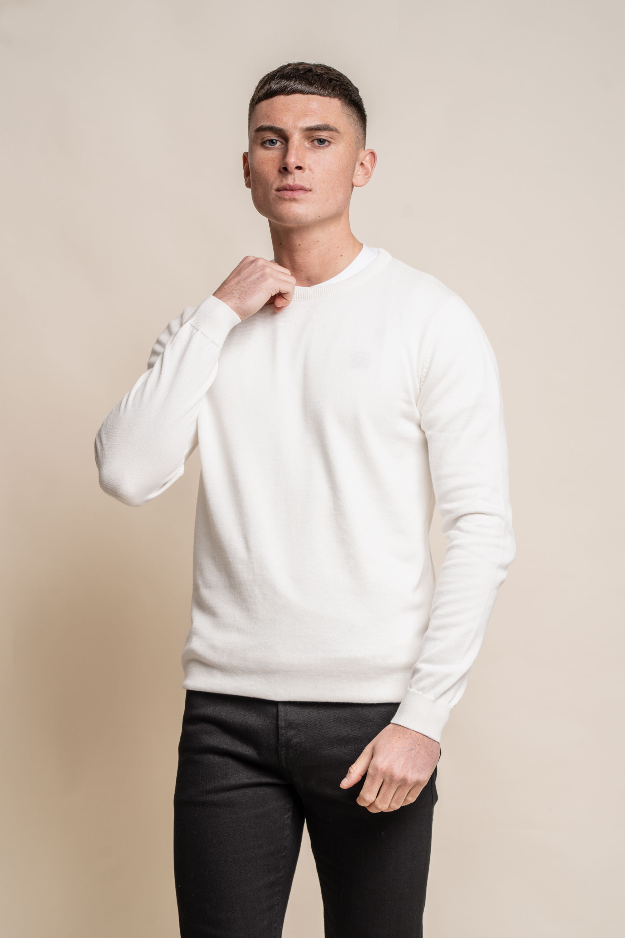 Pull Slim en Coton à Col Rond pour Homme - Ecru