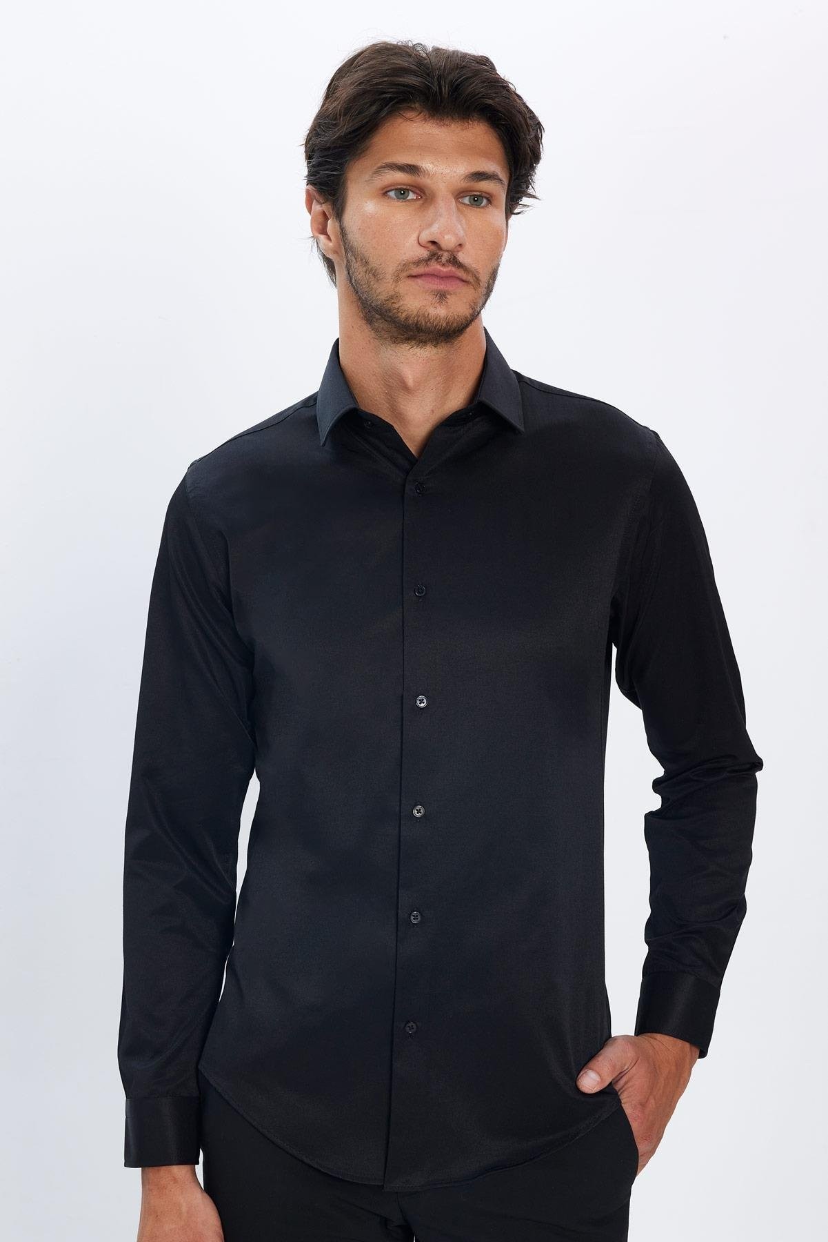 Chemise Slim Fit en Coton Mélangé avec Col Boutonné pour Homme - Dimi Dotti - Noir