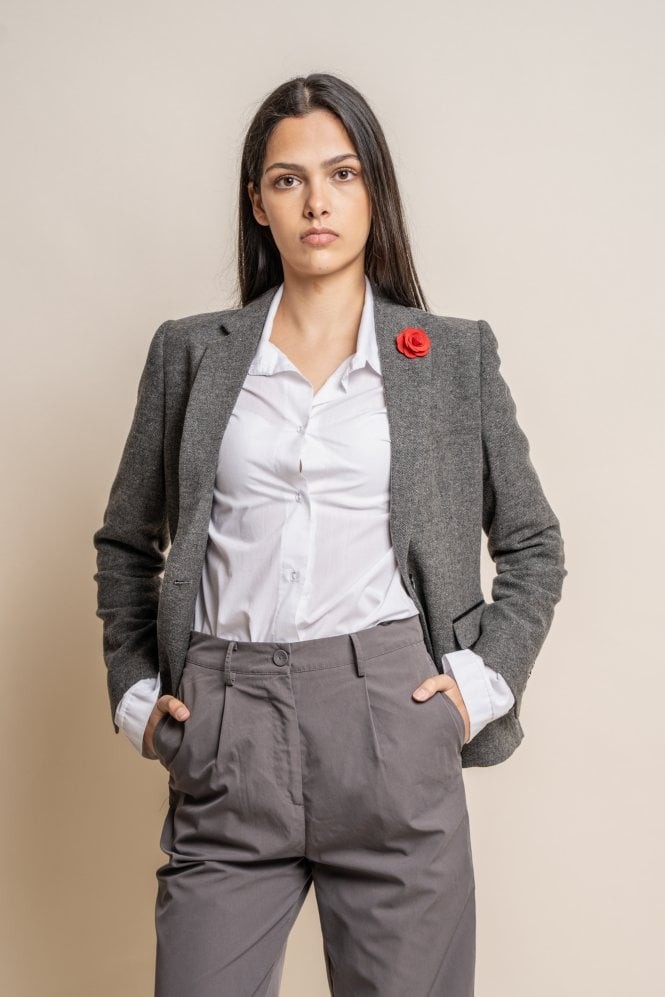 Women's Slim Fit Herringbone Grey Blazer  - Martez