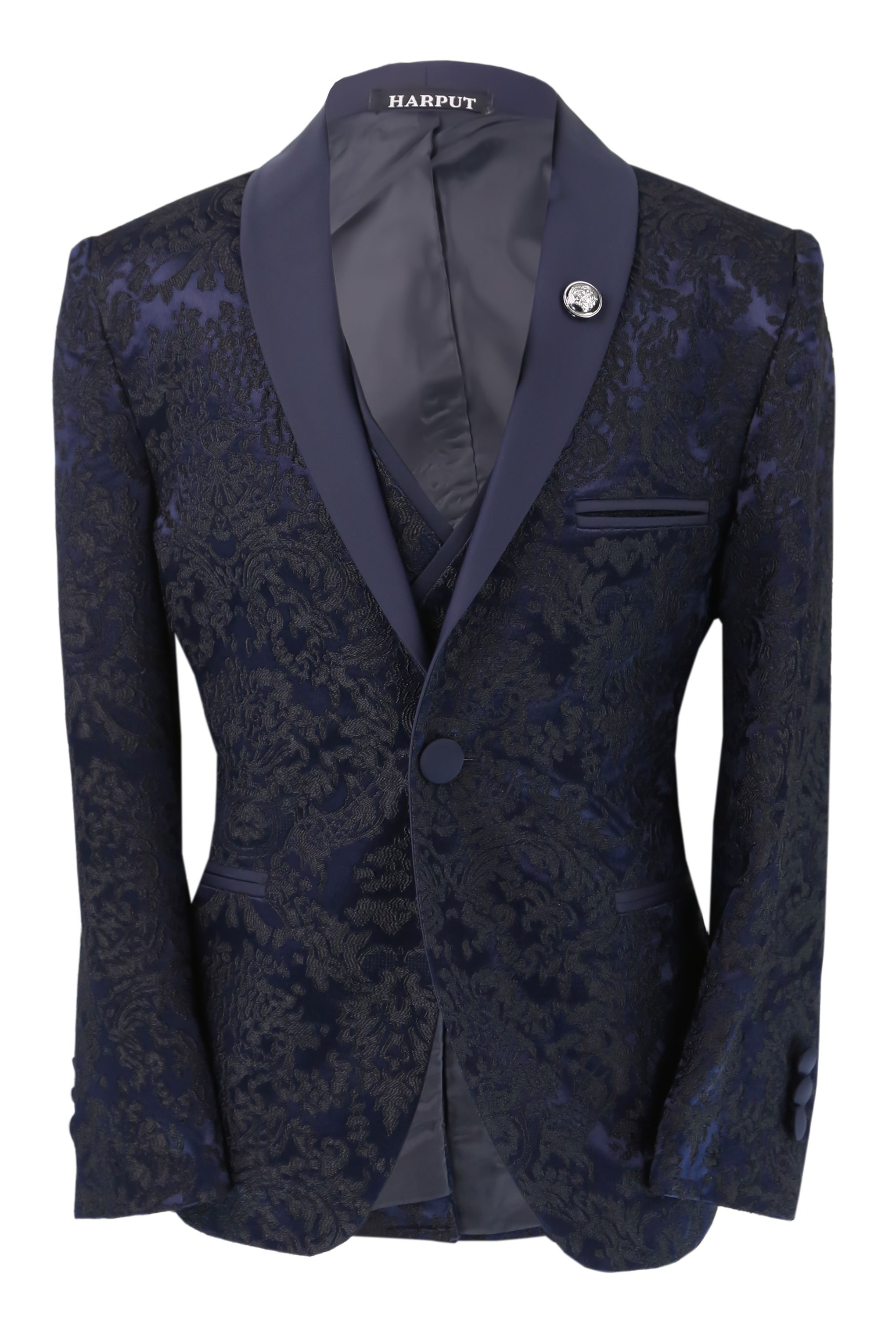 Jungen Slim Fit Paisley Blumen Schwarzer Smokinganzug Seti - Navy