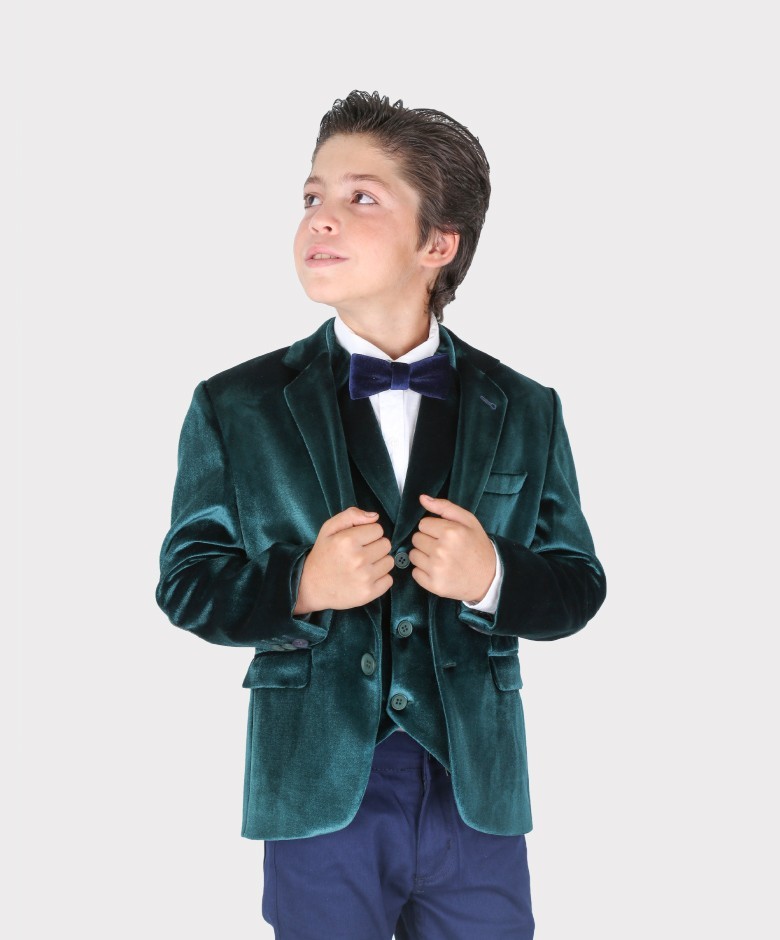 Jungen Tailored Fit Samt Blazer mit Ellenbogenpatches - Grün