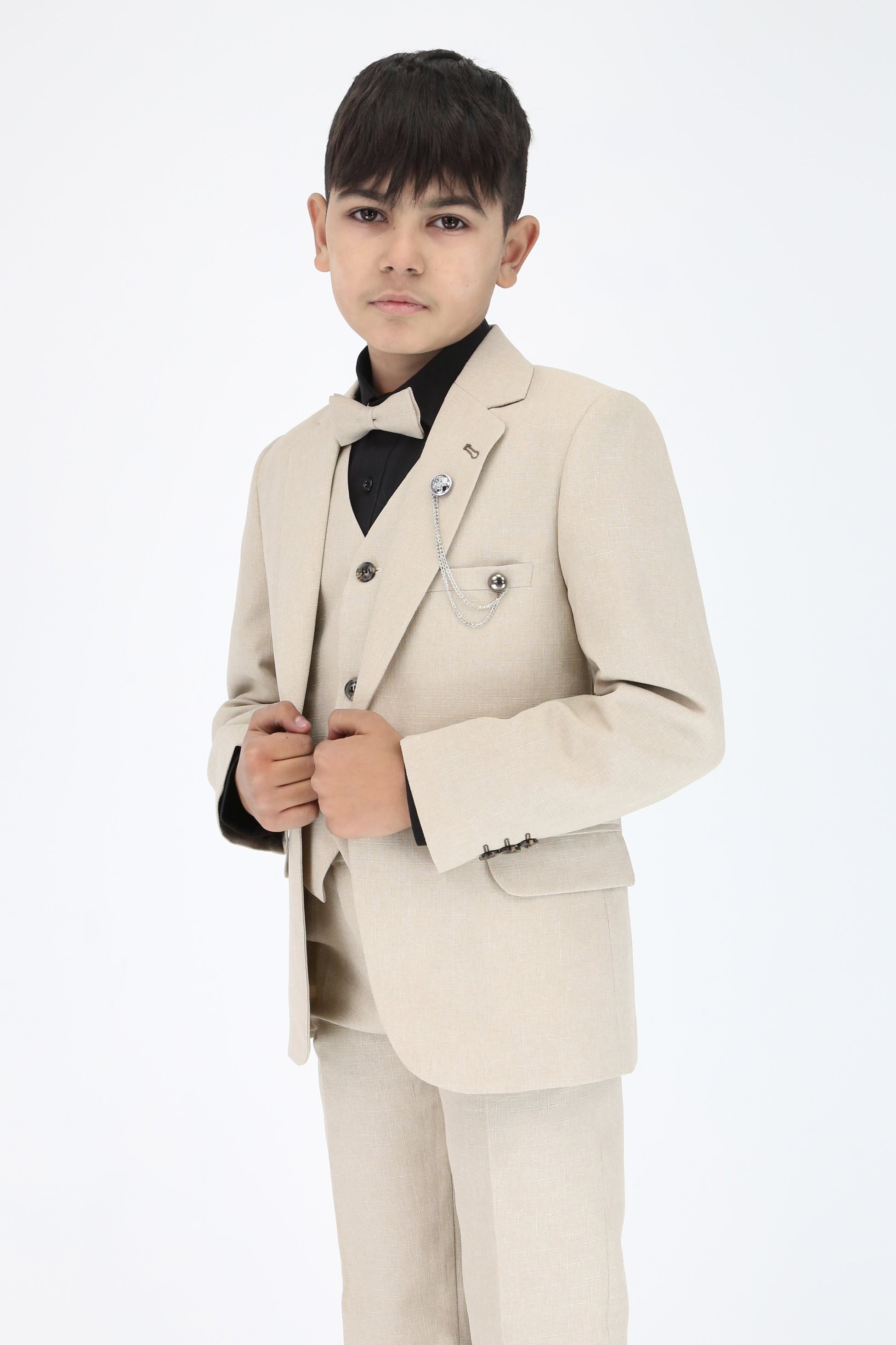 Boys Slim Fit Textured 6-Piece Beige Communion Suit with Black Shirt