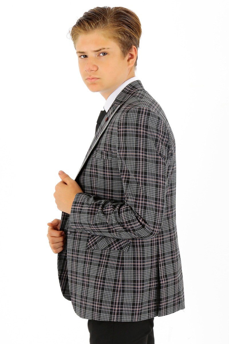 Dreiteiliger Slim-Fit-Anzug mit kariertem Karomuster für Jungen - Schwarzgrau