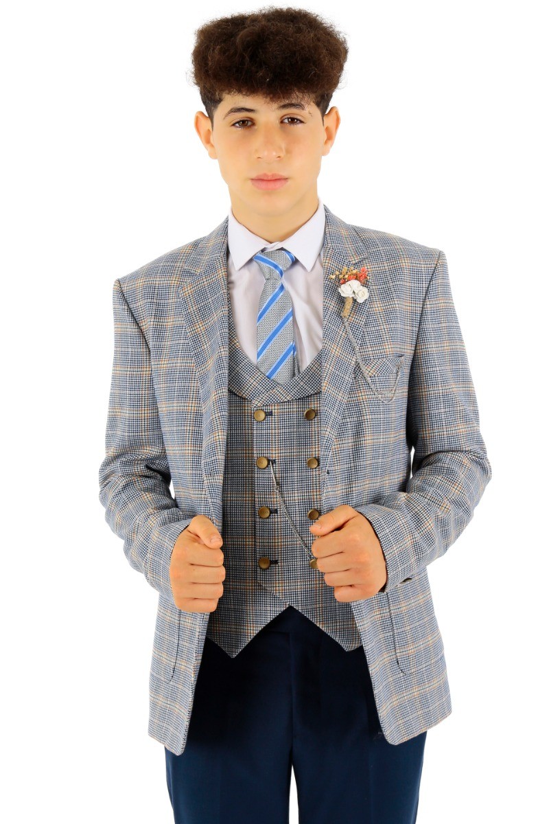 Boys Windowpane Check Slim Fit Suit - Blue
