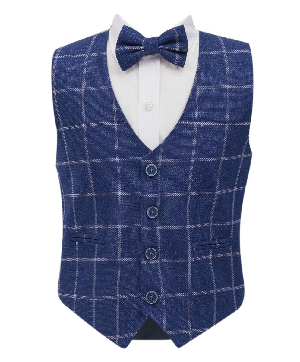 Boys Tweed Check Cotton Vest Set - Blue
