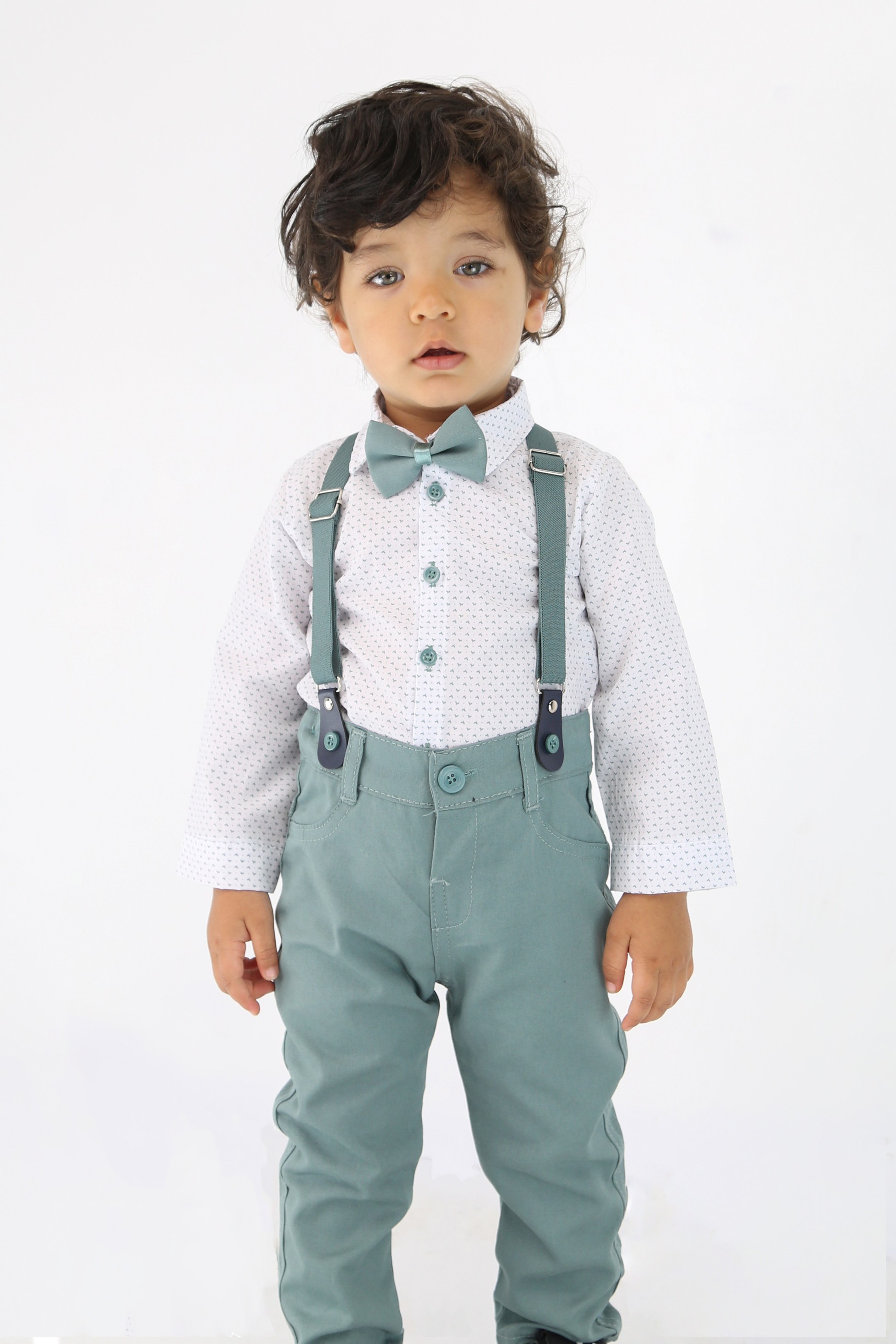 Baby Jungen Gentleman Outfit - 4-teiliges Hosenträger-Anzug-Set - BIRD - Grün