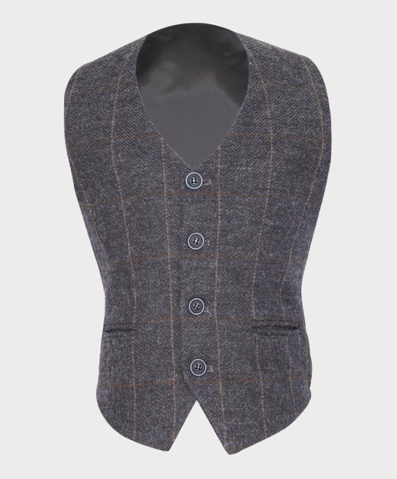 Boys Tailored Fit Windowpane Check Suit - Dark Grey