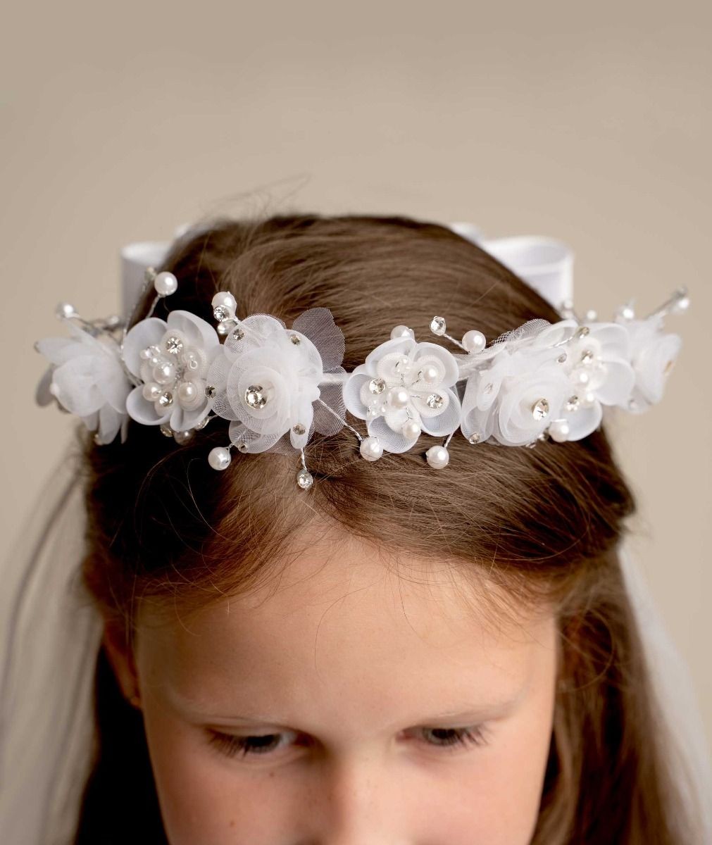 Mädchen Weißer Floraler Tiara-Schleier mit Schleife – CMV 441