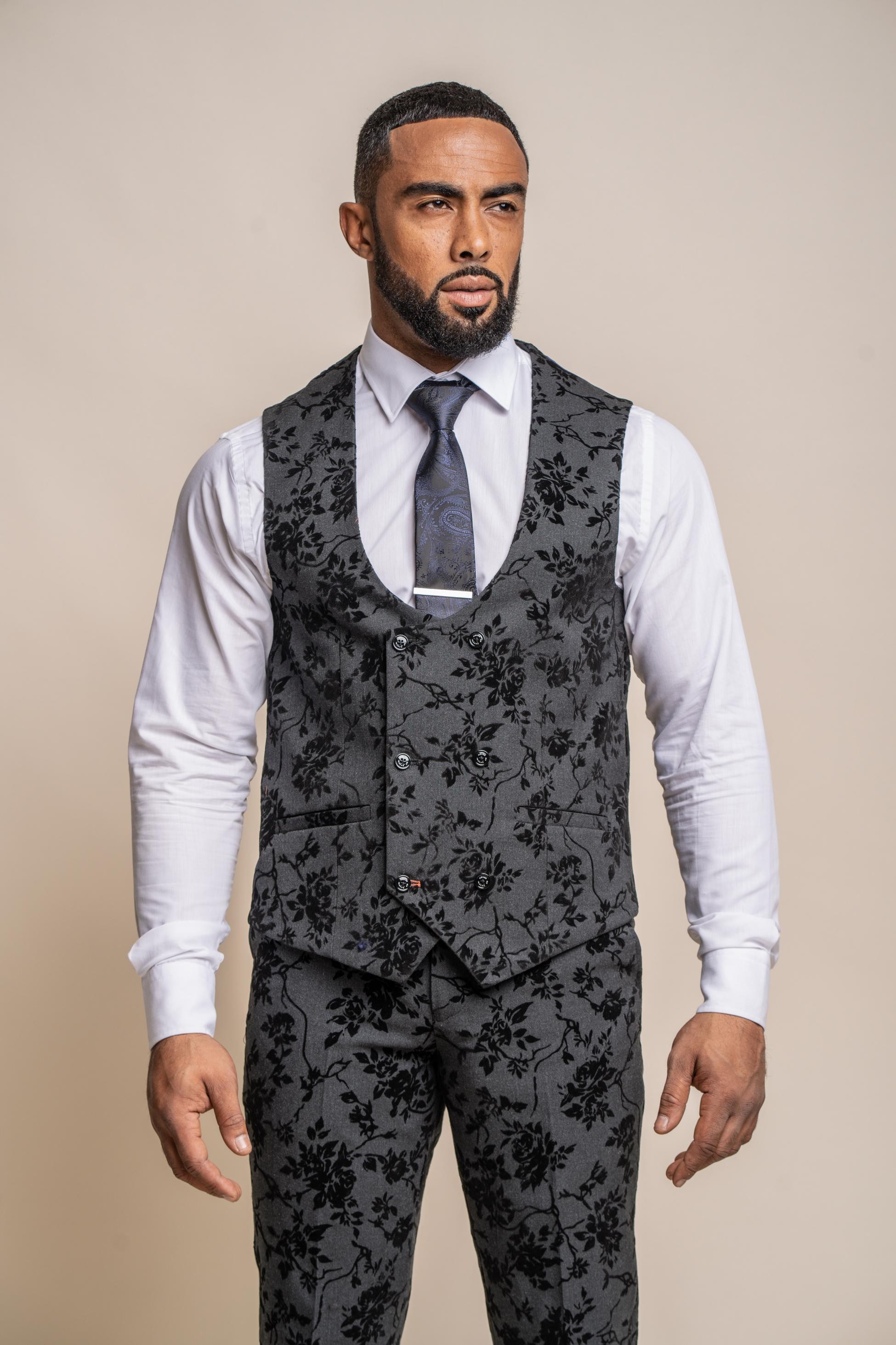 Men's Black Velvet Floral Embroidered Vest - GEORGI