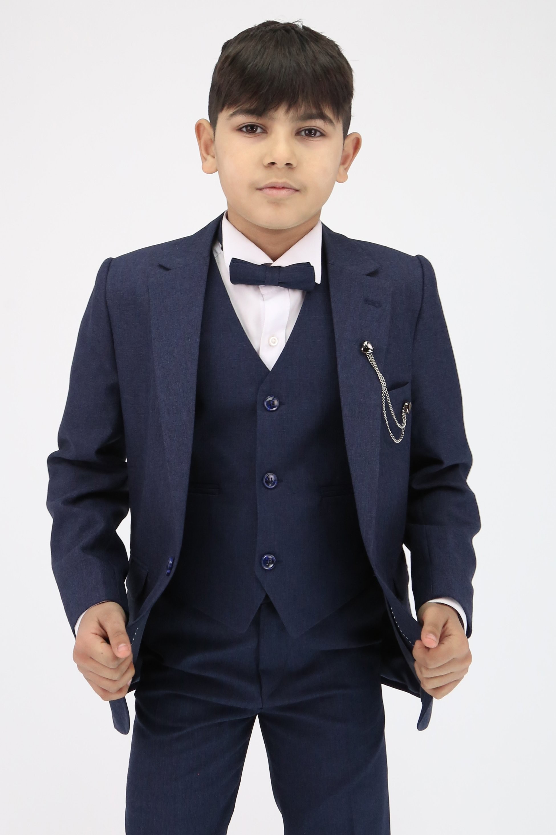 Boys Slim Fit Textured 6-Piece Formal Suit Set - Navy Blue