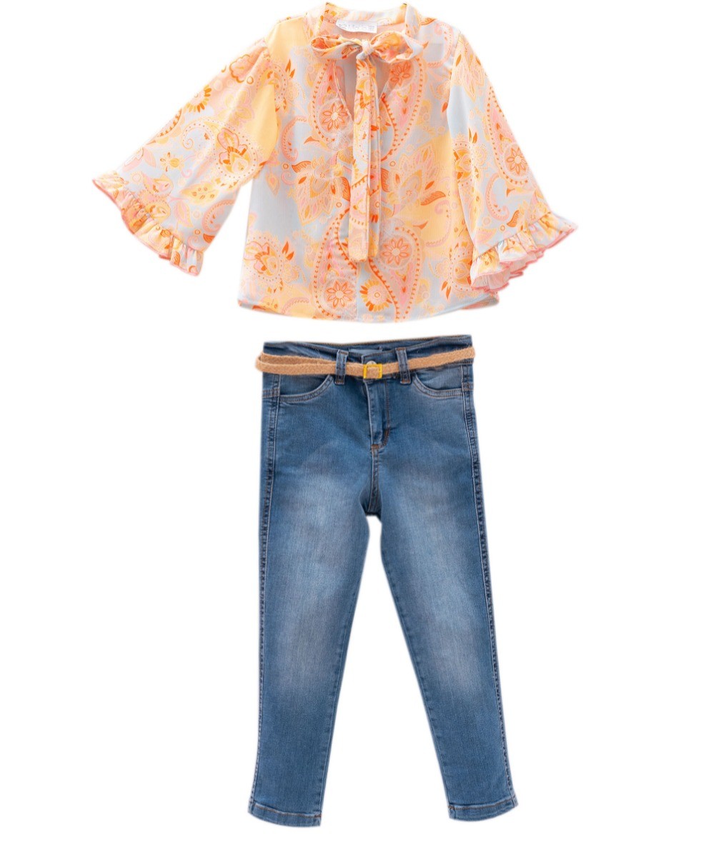 Mädchen Bluse mit Jeans und Accesoires in Paisley Farbe - Mehrfarbige Top & Jeans