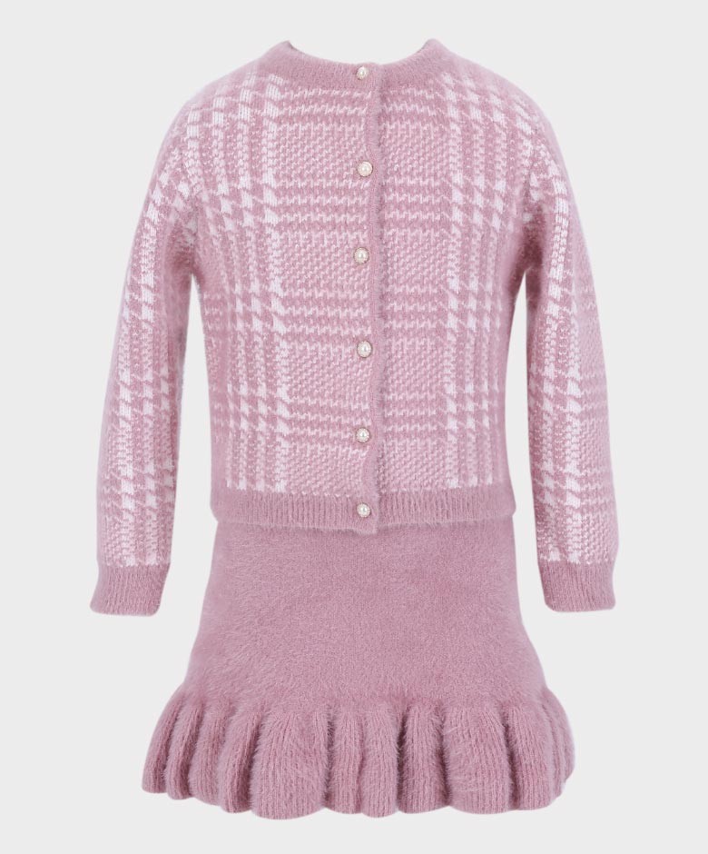 Girls Herringbone Tweed Dress and Cardigan Set - Pink