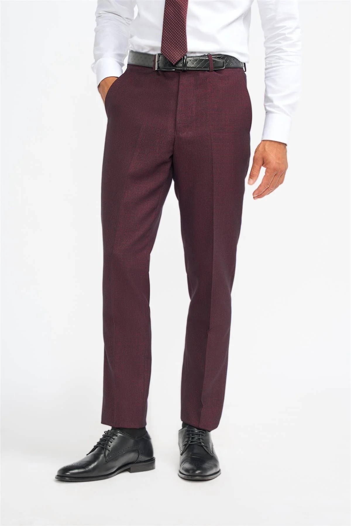 Men's Slim Fit Tweed Check Pants - CARIDI WINE