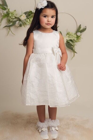 Girls Satin Bow Dress with Striped Tulle Skirt - IZEL