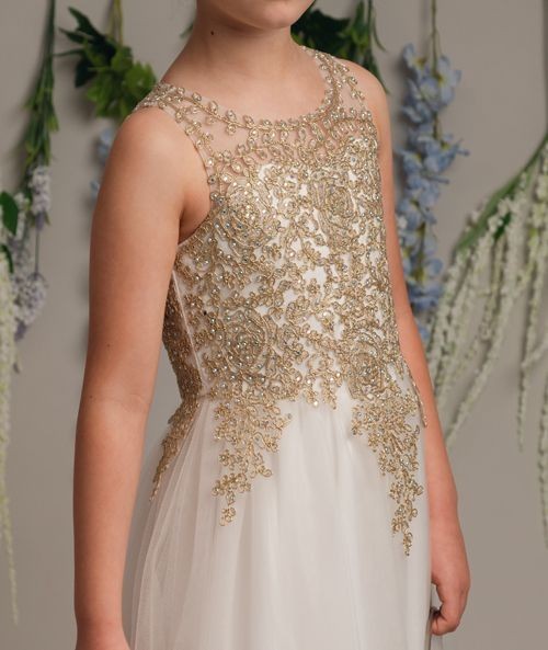 Girls' Ivory/Gold Lace Beaded Dress - LINZI