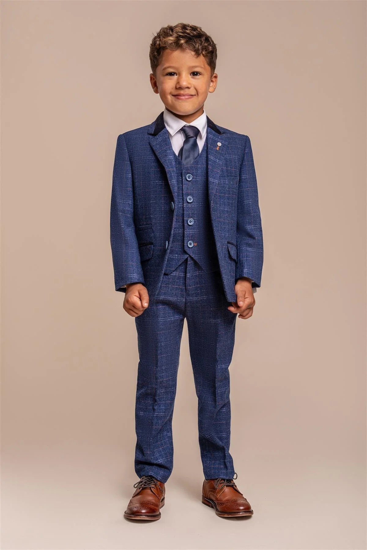 Boys Tweed Check Navy Slim Fit Suit - KAISER - Navy Blue