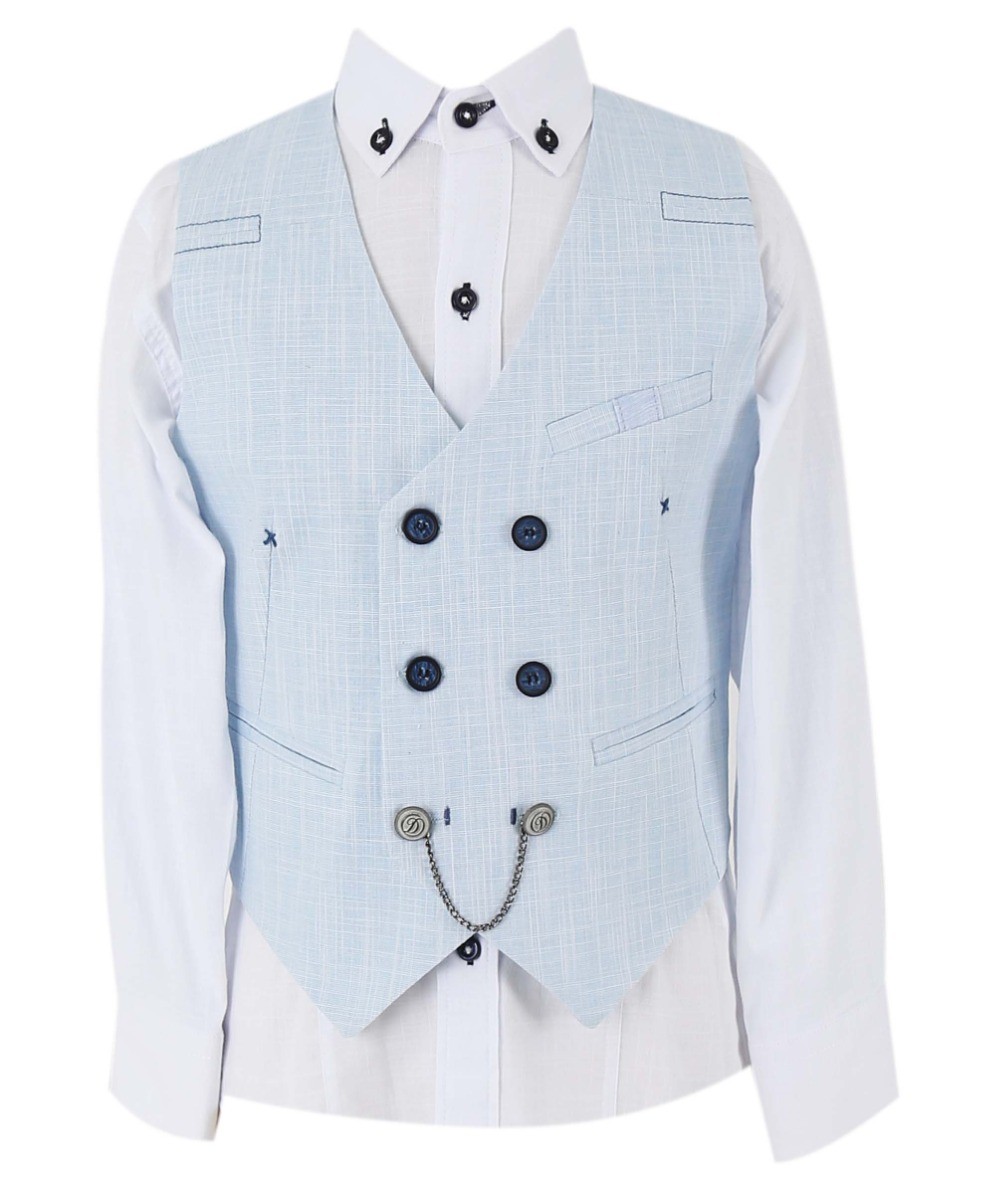 Boys Self Patterned Double-Breasted Linen Vest Suit Set - Light Blue