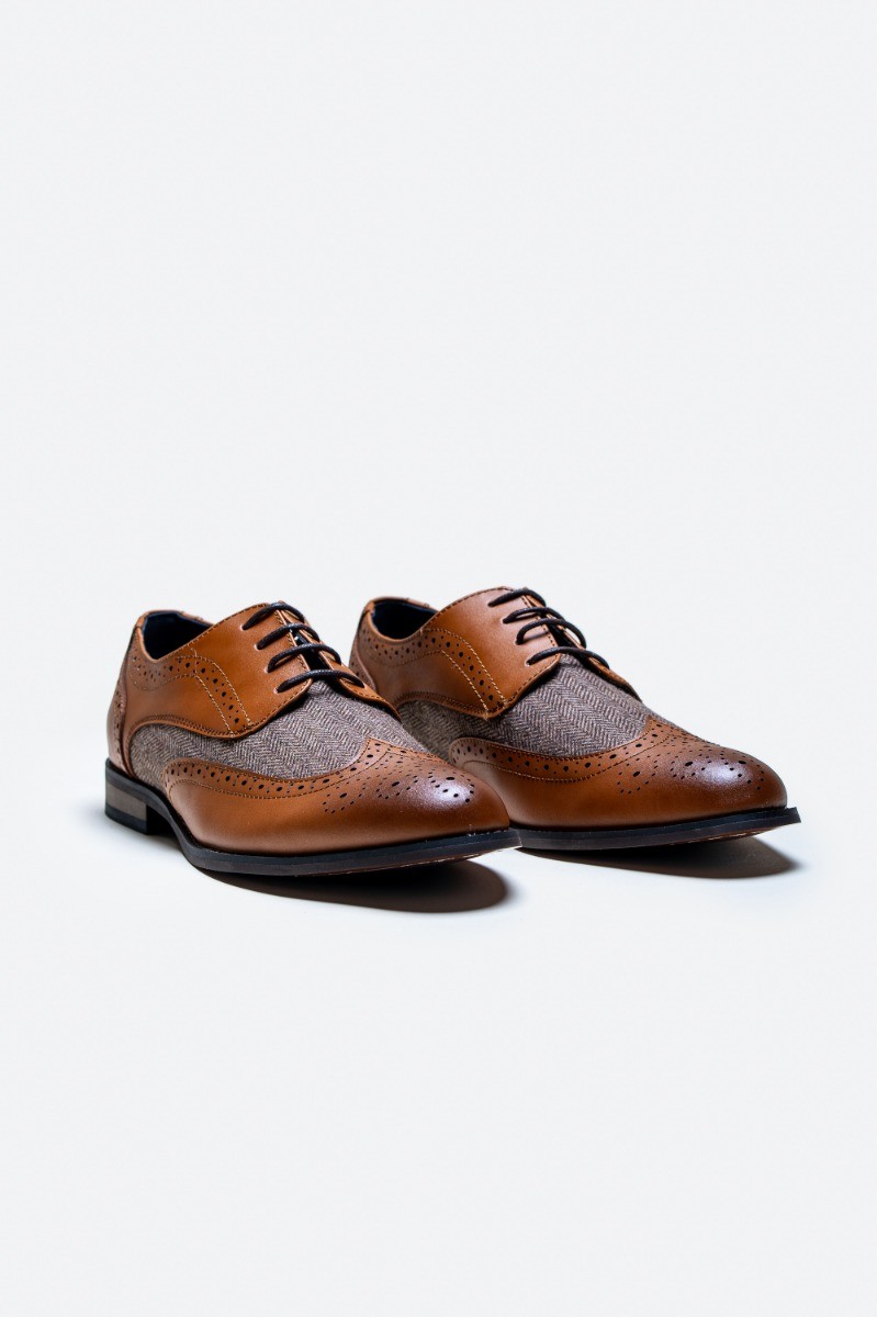 Chaussures rétro à lacets Derby en cuir et tweed avec brogues pour hommes - Oliver - Brun