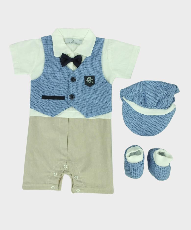 Baby Boys Casual Dungaree 3 Piece Set - Blue - Beige