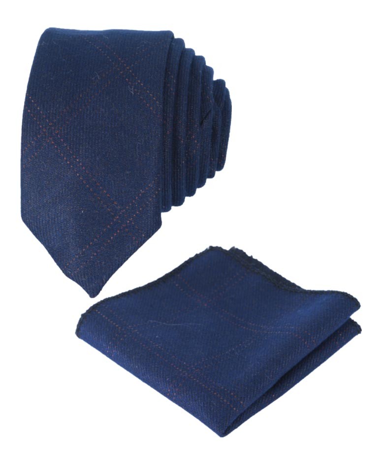 Boys & Men's Tweed Check Slim Tie Set - Navy Blue
