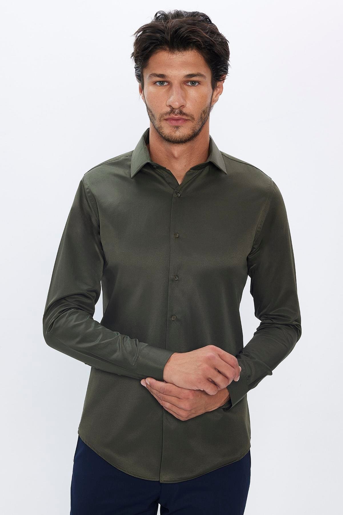 Chemise Slim Fit en Coton Mélangé avec Col Boutonné pour Homme - Dimi Dotti - Vert kaki