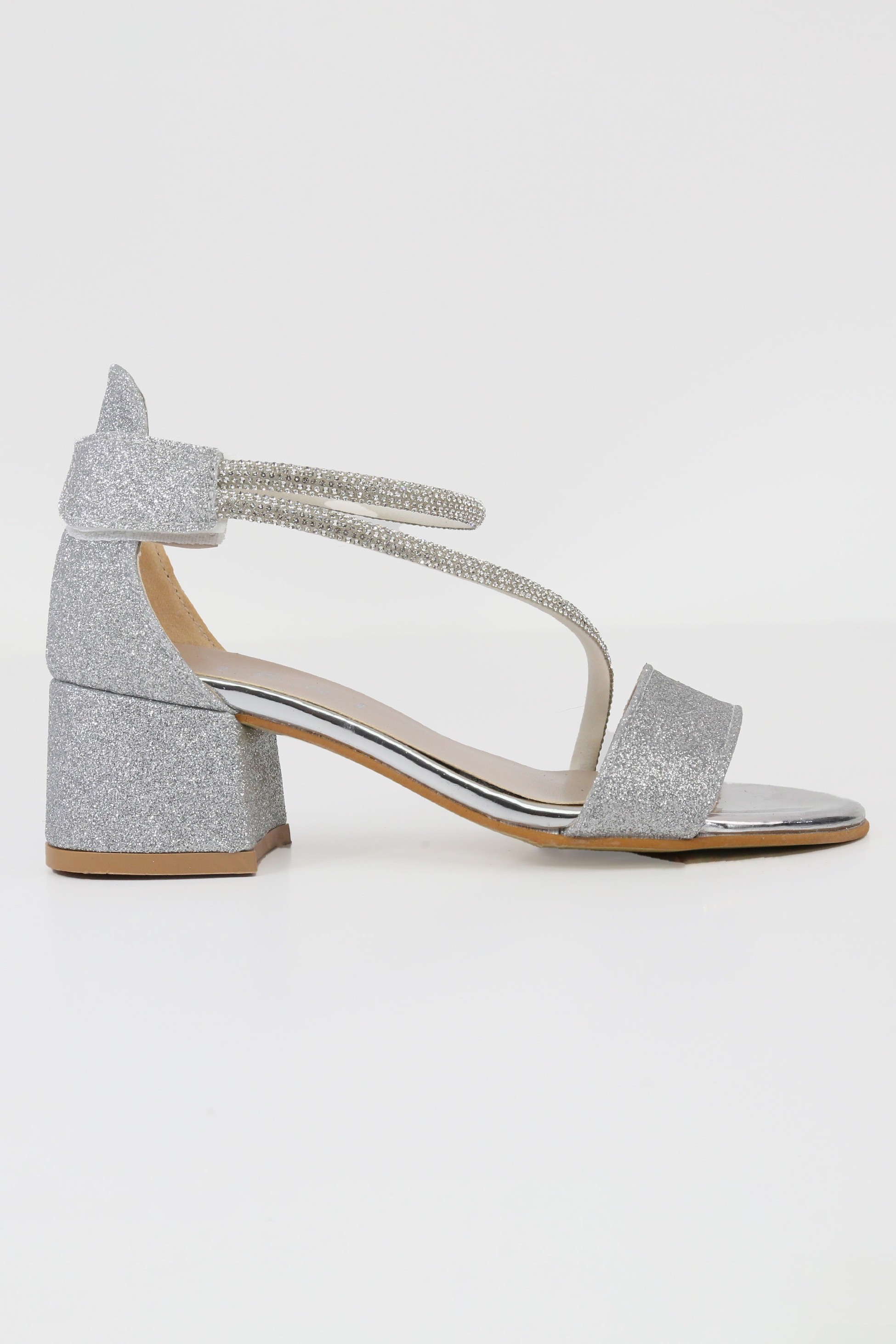 Girls Silver Block Heel Sandals with Rhinestone Crossover Straps - DAZZLE