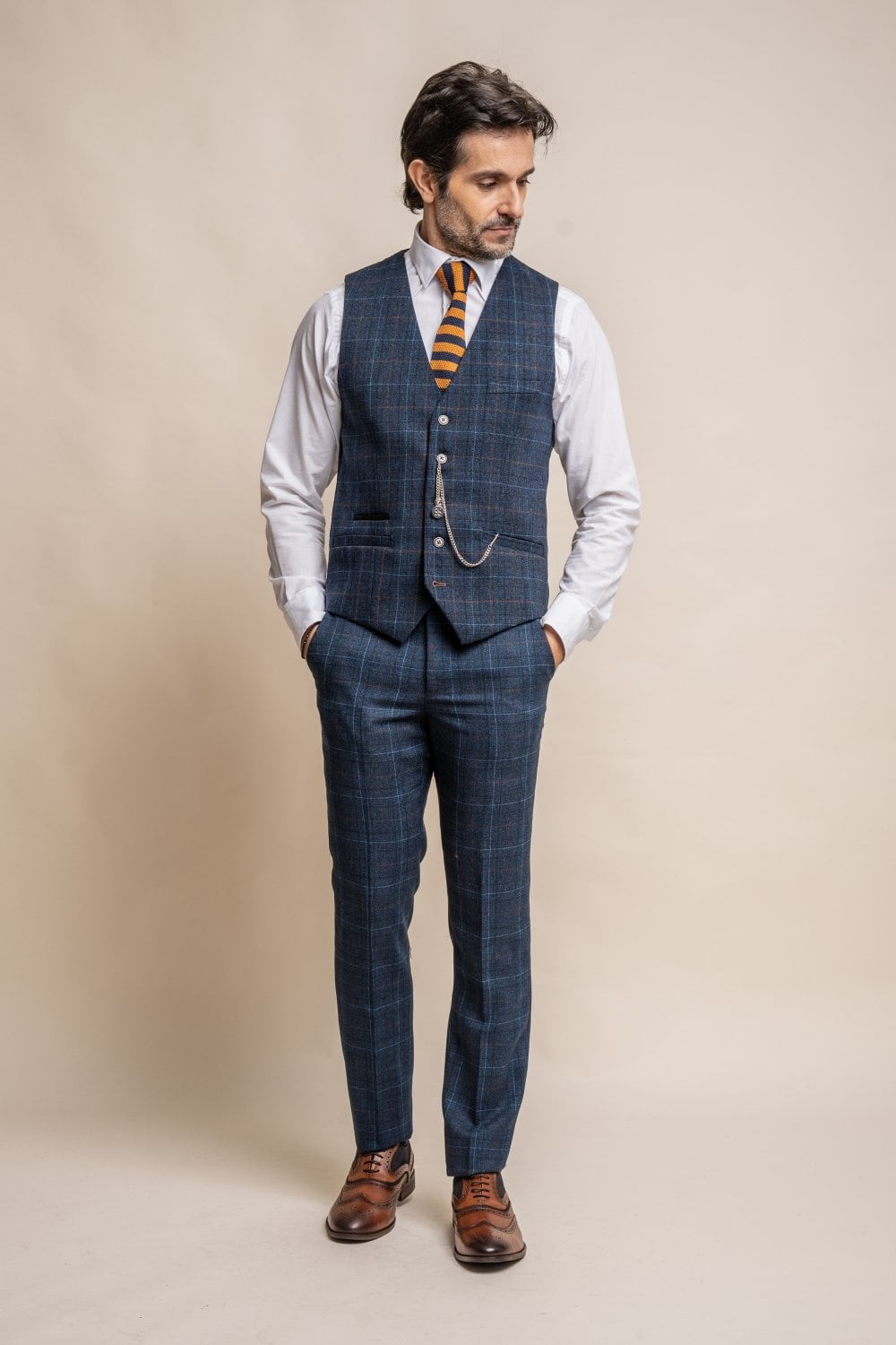 Men's Windowpane Check Tweed Blue Vest - CODY