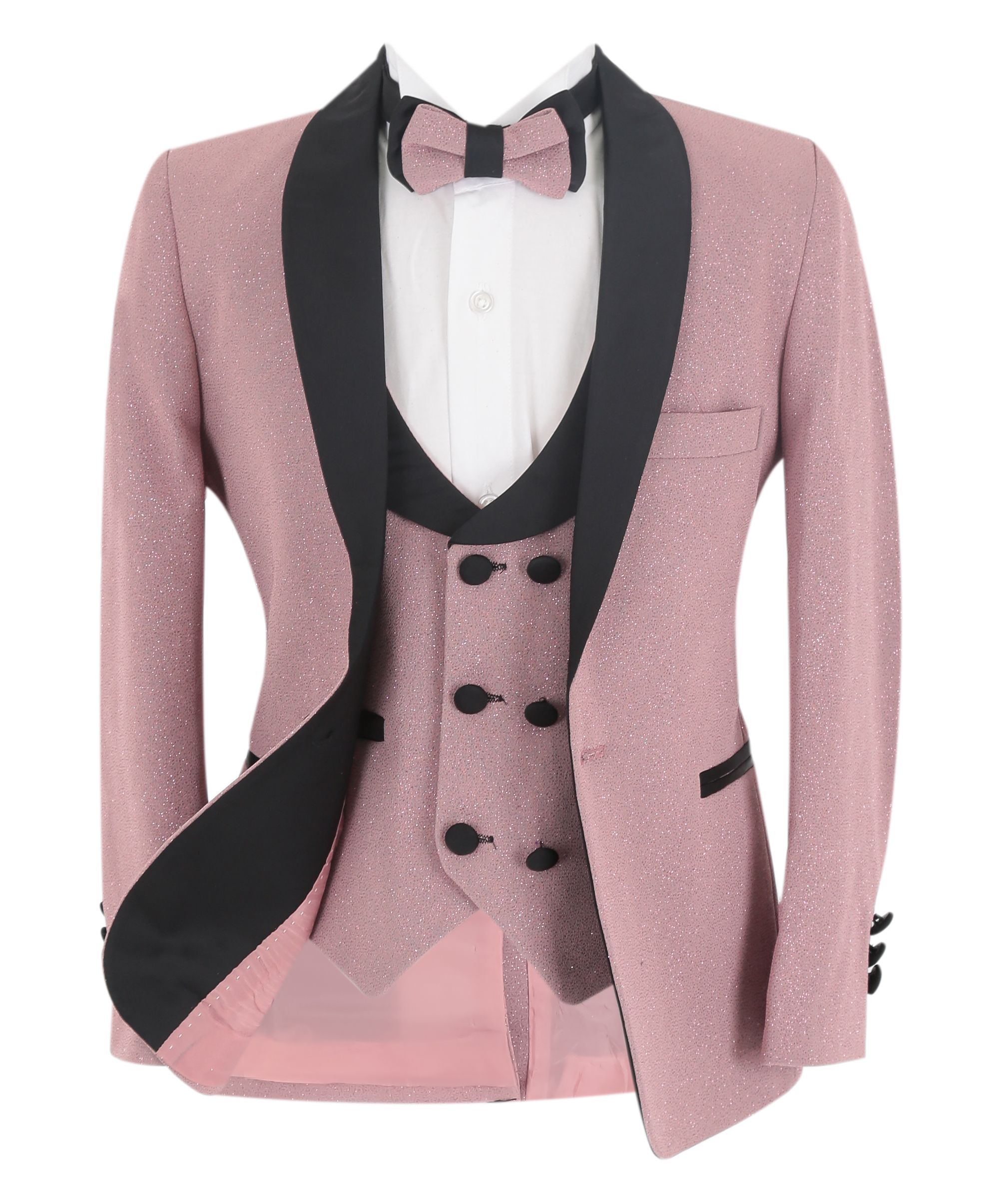 Slim Fit Glitzer-Smoking-Hochzeitsanzug für Jungen, 5-teiliges Komplettset - Erröten rosa