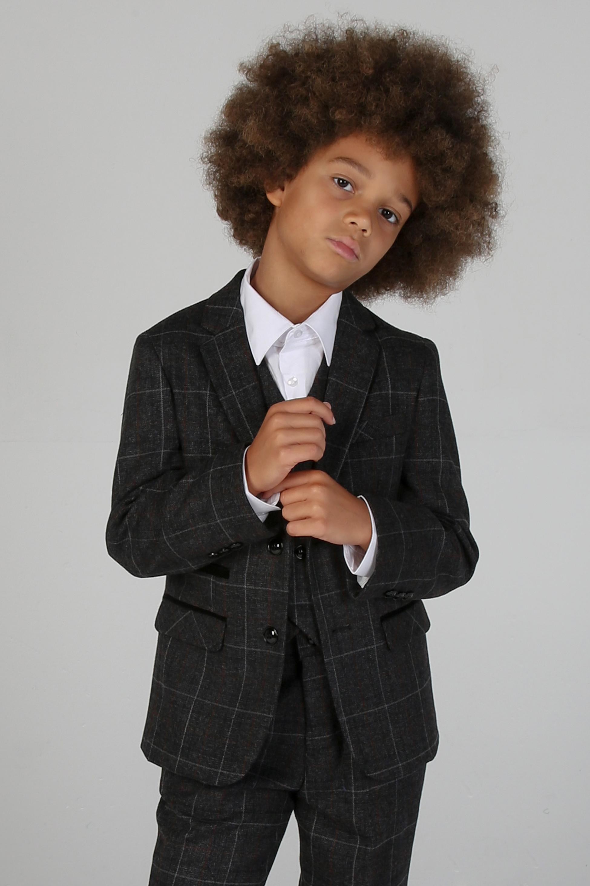 Boys Windowpane Tailored Fit Suit- HARVEY - Dark Charcoal Grey