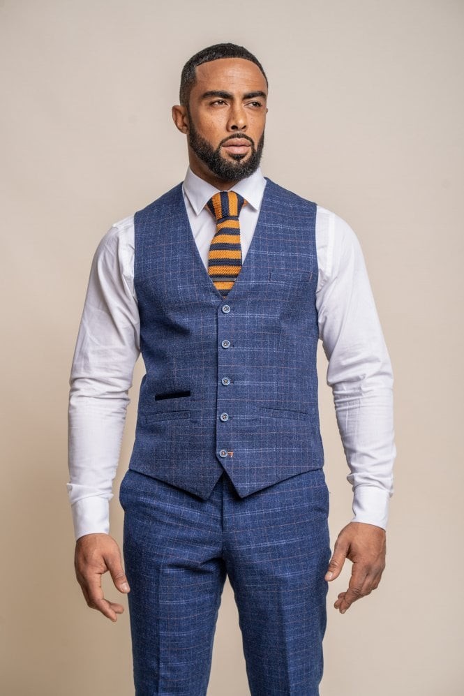 Men's Tweed Check Navy Slim Fit Vest - KAISER