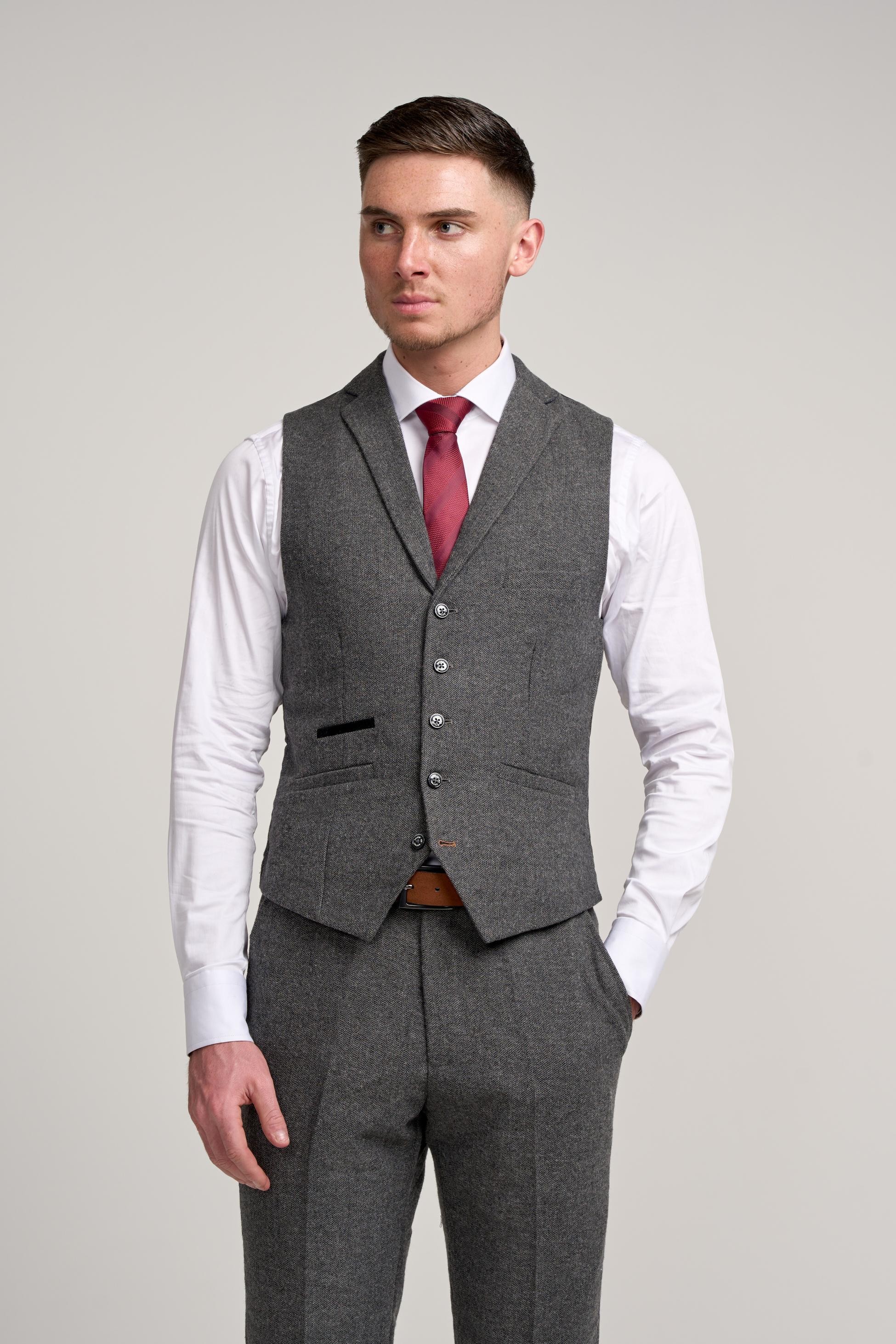 Men’s Grey Herringbone Tweed Waistcoat - COSMO