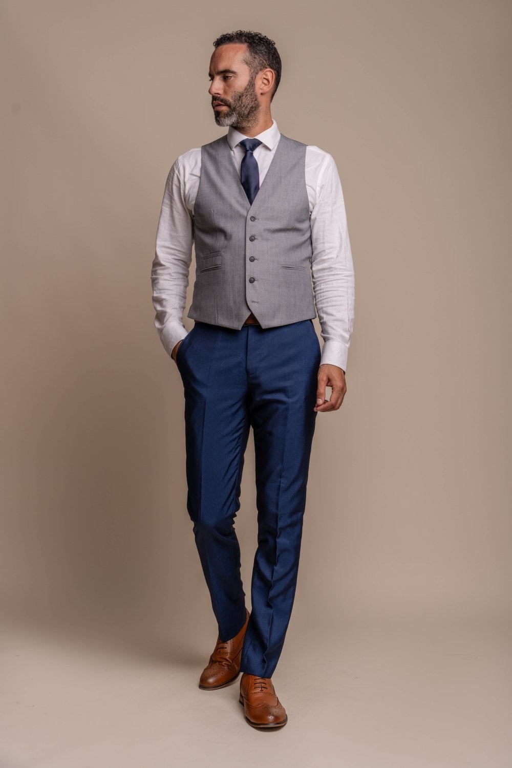 Costume Bleu Royal pour Homme 3 Pièces Coupe Slim avec Gilet Gris - Tenue Formelle Moderne Combinée