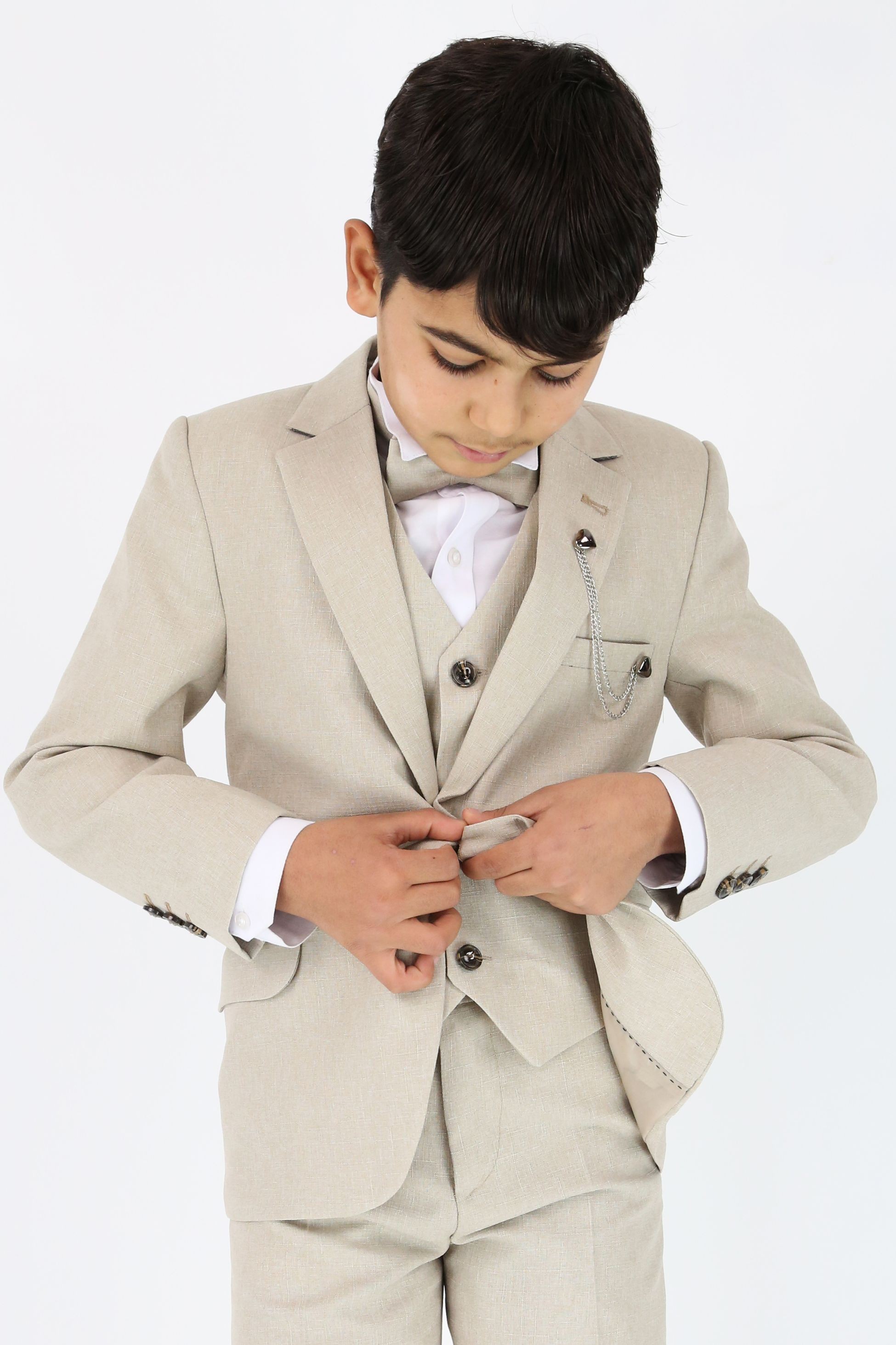 Boys Slim Fit Textured 6-Piece Formal Suit Set - Beige