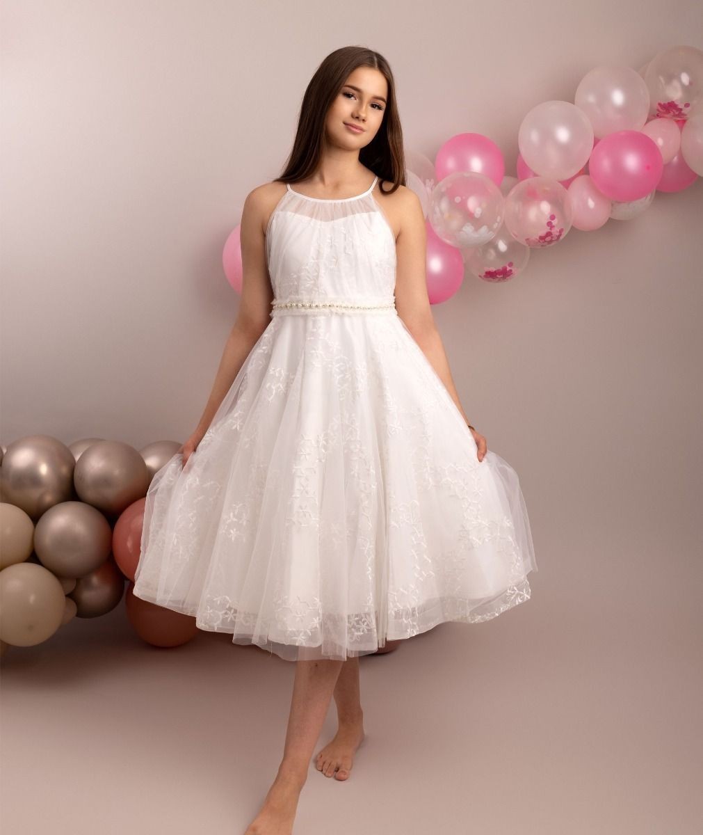 Robe en Tulle à Col Halter Ivoire pour Filles - GIA