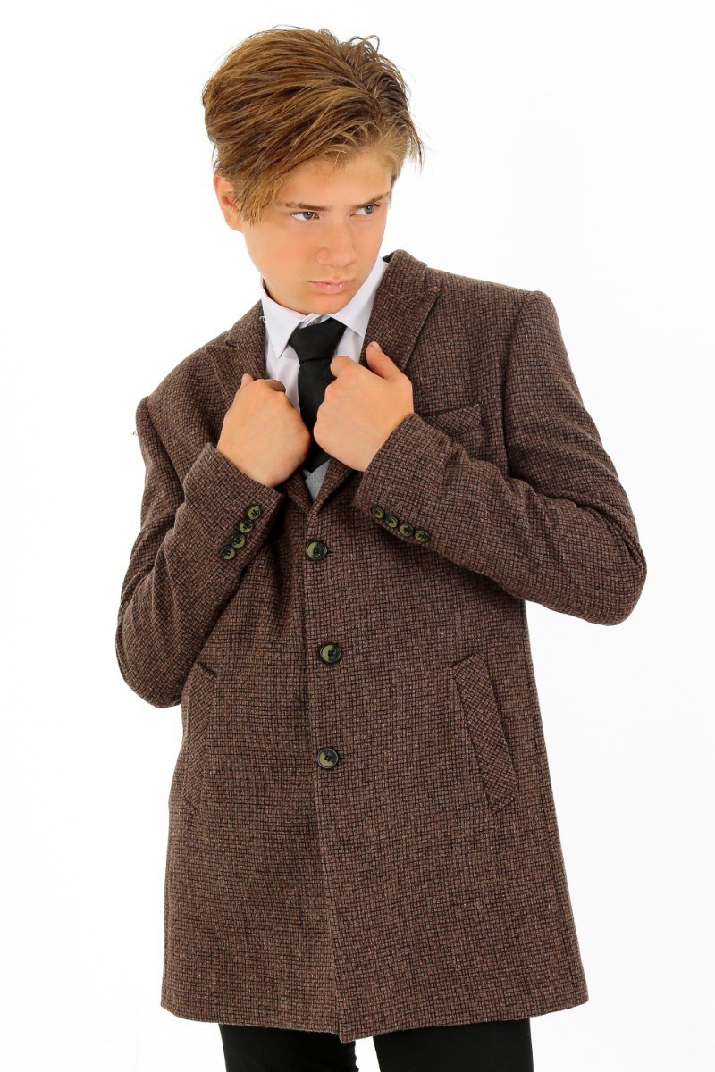 Boys Wool Tweed Patterned Midi Coat - Hellbraun