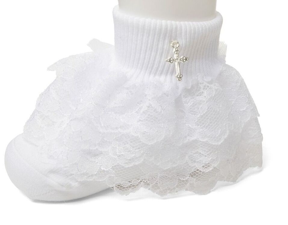 Girls' White Lace Frill Socks with Cross Charm - SILVIA