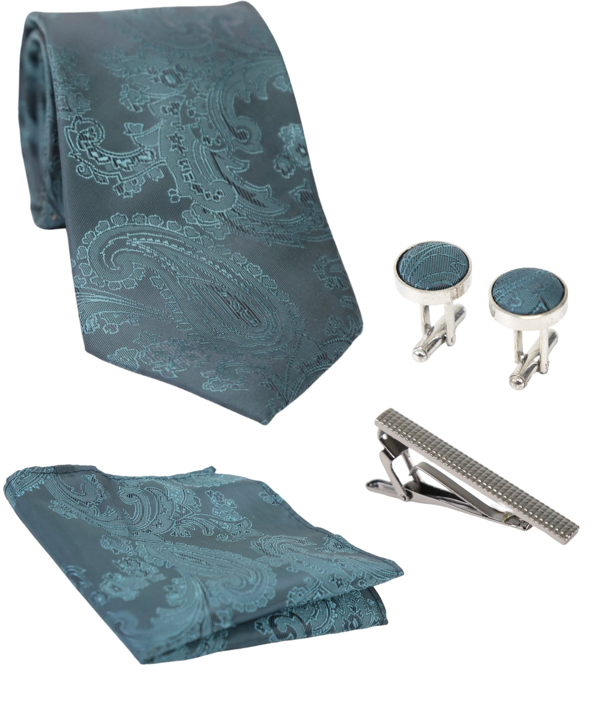 Ensemble cravate paisley et boutons de manchette pour hommes - Vert